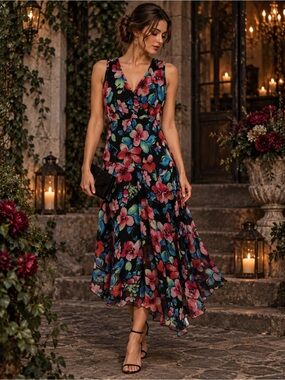 Connected Apparel Floral Chiffon Midi Dress12 Babydoll Dark Romantic Feminine